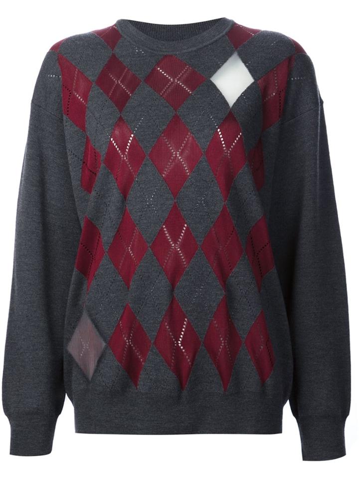 Alexander Wang Argyle Pullover With Sheer Intarsia Diamonds - Grey