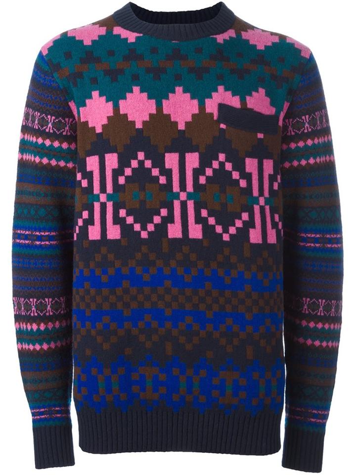 Sacai Pixel Intarsia Jumper, Men's, Size: 2, Blue, Wool