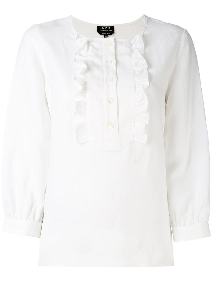 A.p.c. - Three-quarters Sleeve Ruffled Blouse - Women - Linen/flax/tencel - 40, White, Linen/flax/tencel