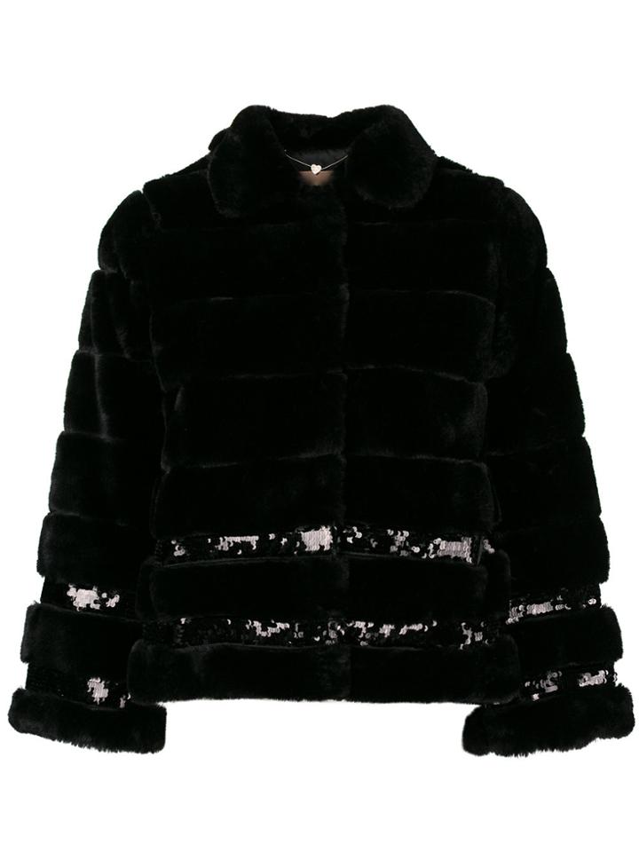Twin-set Sequin Embellished Faux Fur Jacket - Black