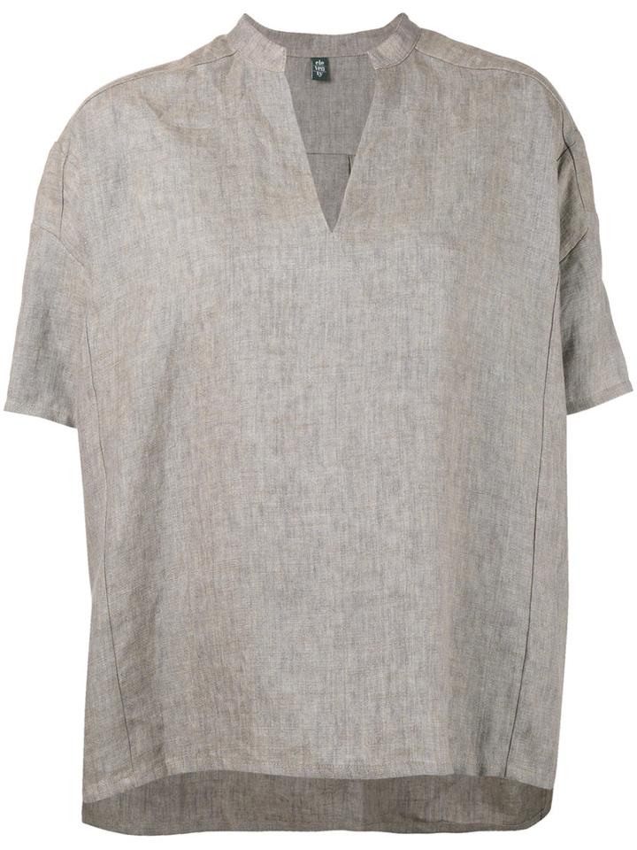 Eleventy - Mandarin V-neck Blouse - Women - Linen/flax - 42, Brown, Linen/flax