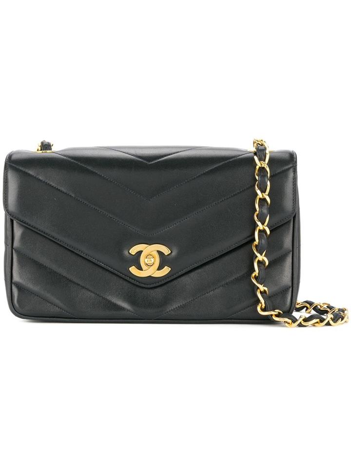 Chanel Vintage V-stitch Chain Shoulder Bag - Black
