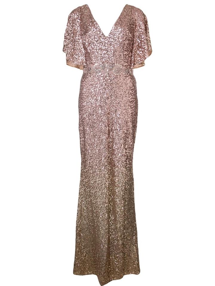 Marchesa Notte Sequinned Cape-sleeve Gown, Women's, Size: 8, Nude/neutrals, Nylon