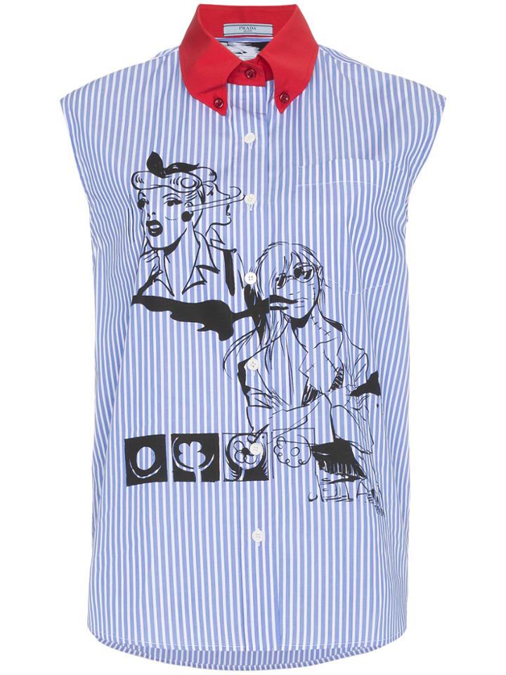 Prada Striped Poplin Top With Print - Blue