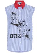 Prada Striped Poplin Top With Print - Blue