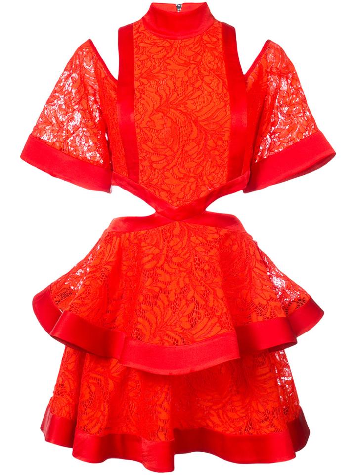 David Koma Cutout Detail Ruffled Lace Dress - Red
