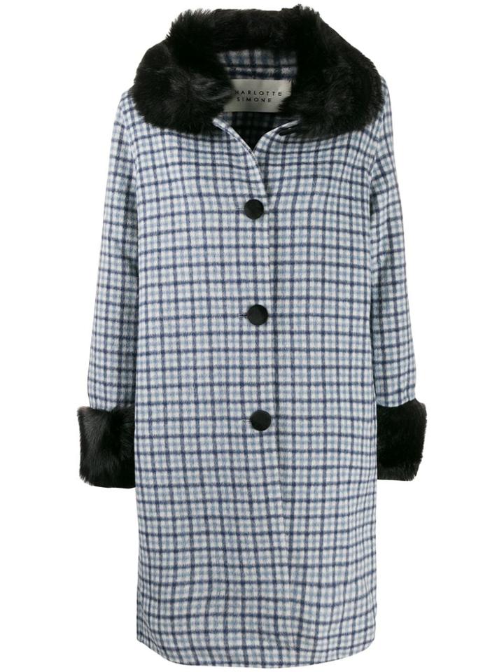 Charlotte Simone Faux Fur Trim Check Coat - Blue
