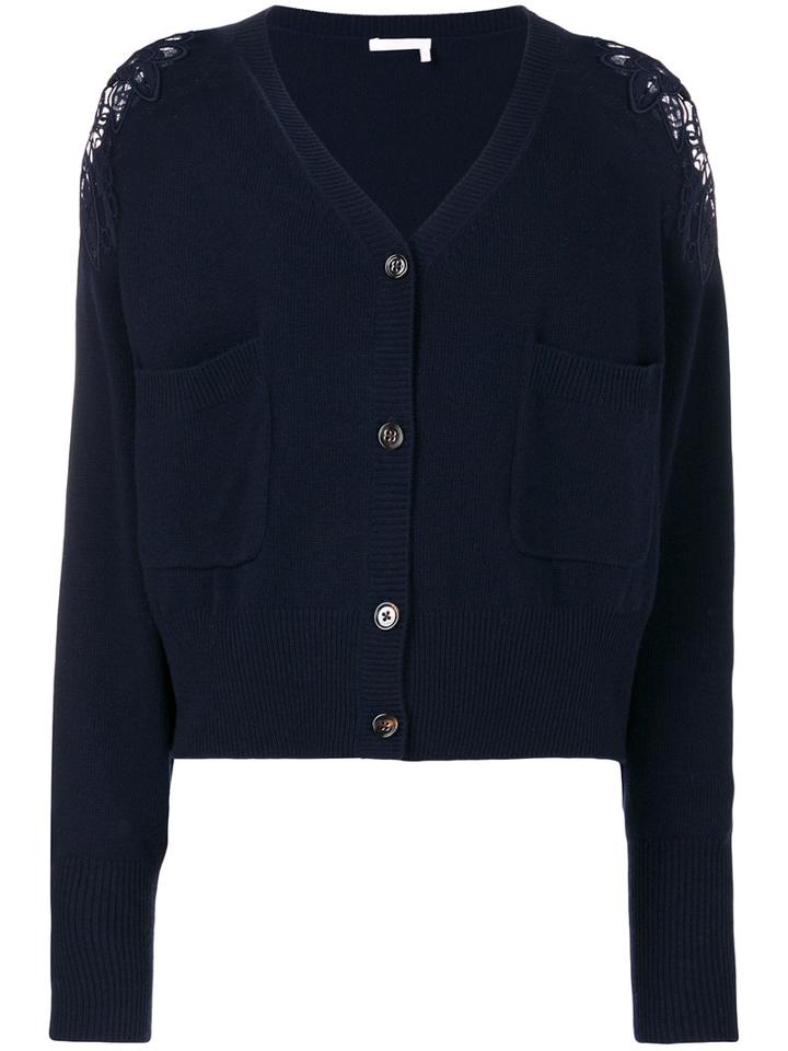 Chloé - Floral Lace Shoulder Cardigan - Women - Cotton/cashmere/merino - S, Blue, Cotton/cashmere/merino