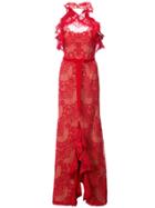 Marchesa Notte Ruffled Guipure Lace Gown - Red