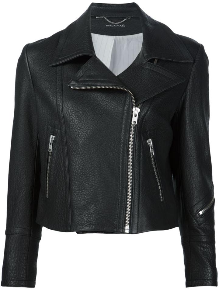 Yigal Azrouel Textured Biker Jacket, Women's, Size: 4, Black, Lamb Skin