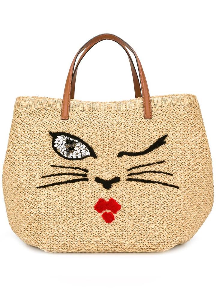 Ermanno Scervino Cat Face Tote, Women's, Nude/neutrals, Raffia