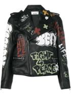 Faith Connexion Graffiti Print Biker Jacket - Black