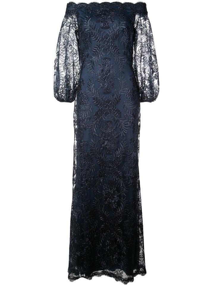 Tadashi Shoji Floral Embroidered Bardot Evening Dress - Blue