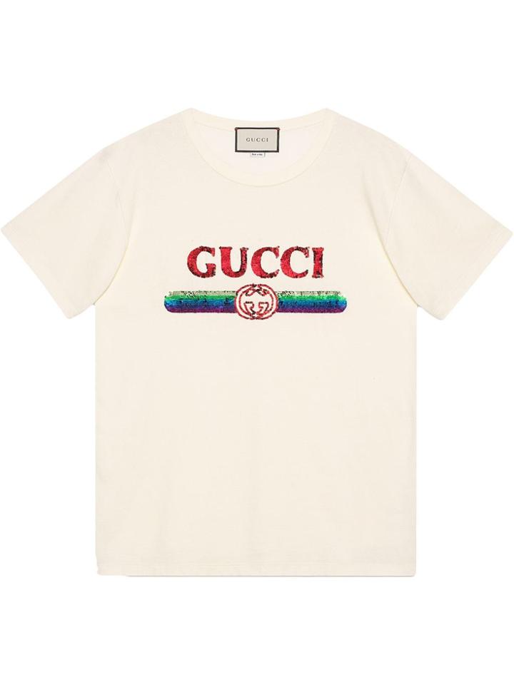 Gucci Oversize T-shirt With Sequin Gucci Logo - White