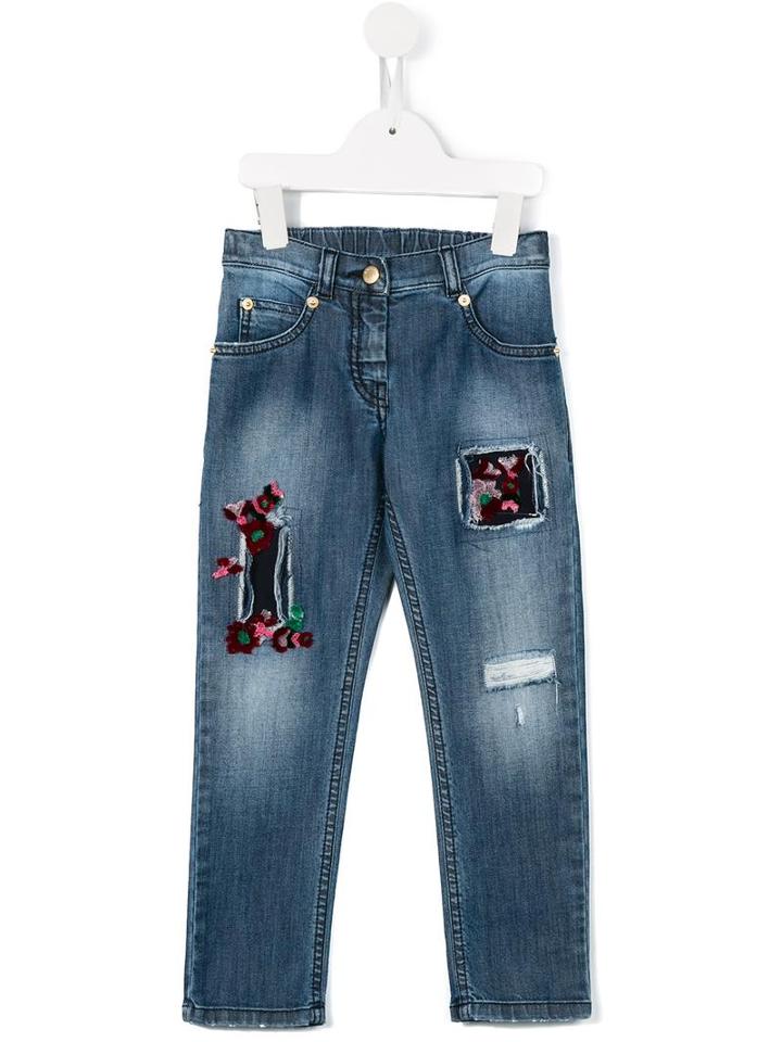 Ermanno Scervino Junior Patch Embroidered Jeans, Girl's, Size: 8 Yrs, Blue