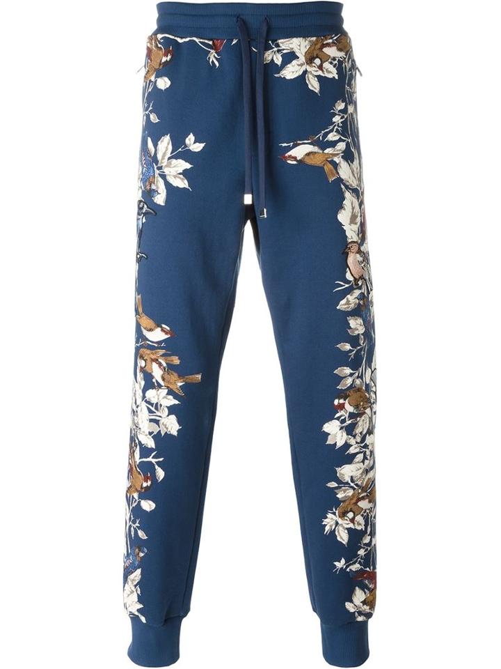 Dolce & Gabbana Bird Print Track Pants, Men's, Size: 52, Blue, Cotton