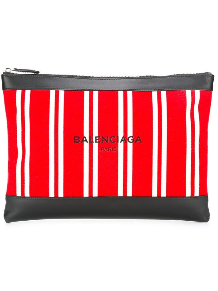 Balenciaga Striped Zipped Clutch, Women's, Red, Cotton/calf Leather