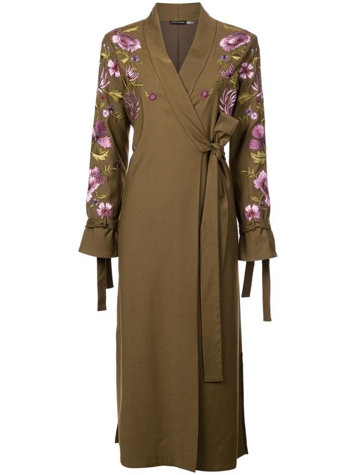 Josie Natori Embroidered Tie Front Duster Coat - Green