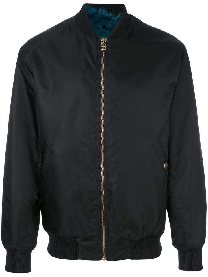 Mr & Mrs Italy - Fur Lined Satin Bomber Jacket - Men - Fox Fur/polyamide/polyester/viscose - L, Black, Fox Fur/polyamide/polyester/viscose