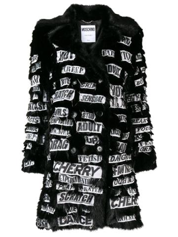 Moschino Safety Pin Slogan Patched Faux Fur Coat - Black