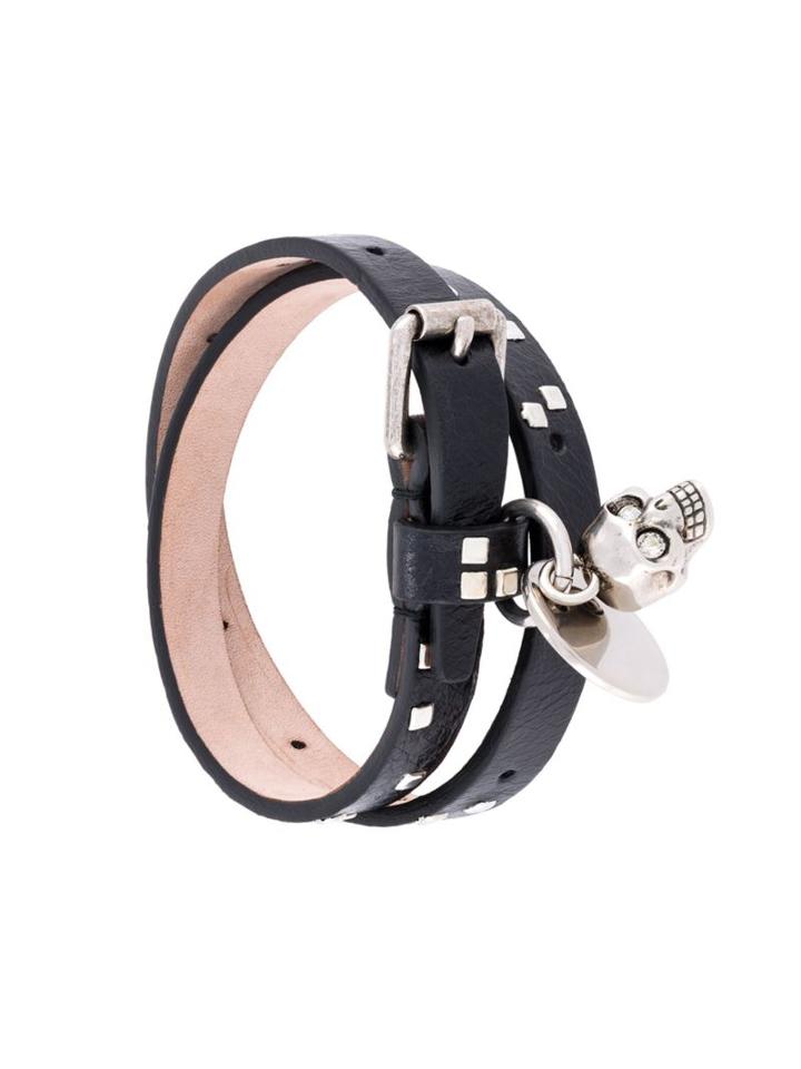 Alexander Mcqueen Double Wrap Skull Bracelet, Men's, Black, Calf Leather