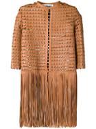 Caban Romantic Leather Embroidered Coat With Fringes - Brown