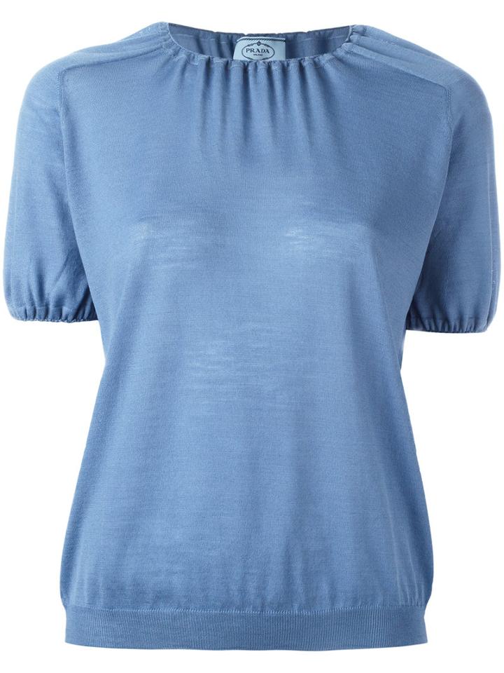 Prada Short Sleeve T-shirt With Ruched Neckline And Sleeves, Women's, Size: 40, Blue, Virgin Wool