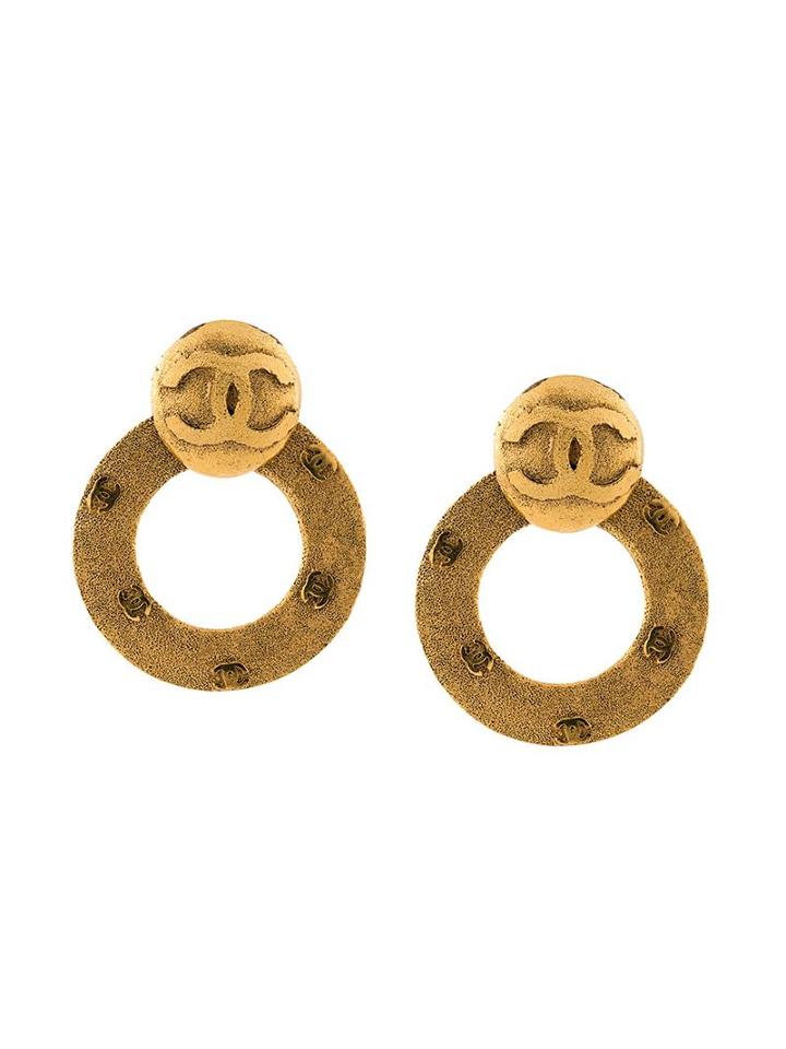 Chanel Vintage Logo Disc Clip-on Earrings, Women's, Metallic