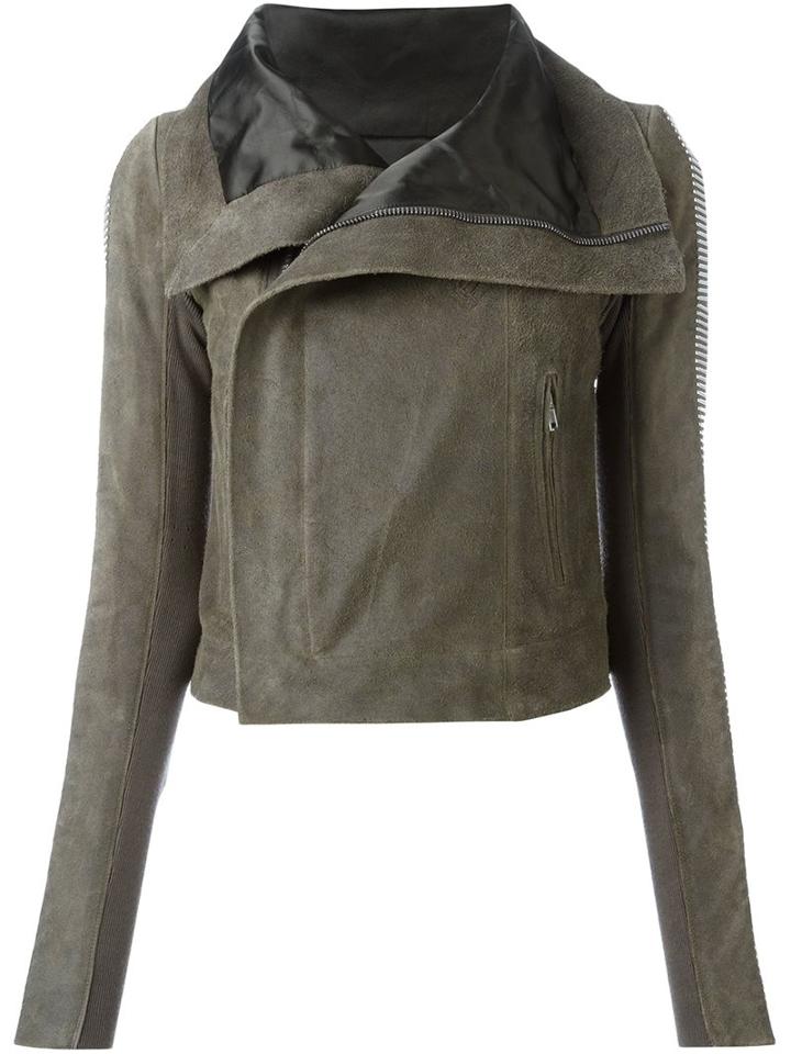 Rick Owens Ribbed Brass Sleeve Biker Jacket, Women's, Size: 38, Grey, Calf Leather/cupro/brass/virgin Wool