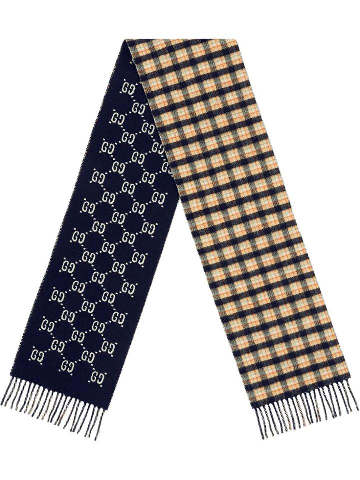 Gucci Check Print Logo Scarf - Blue