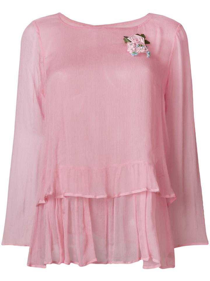 Twin-set Long-sleeve Flared Blouse - Pink & Purple
