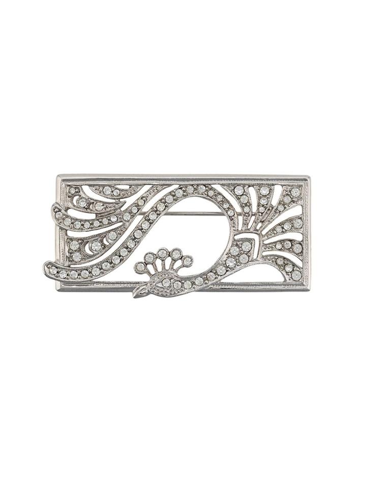 Susan Caplan Vintage 1950s Deco Style Peacock Brooch - Silver