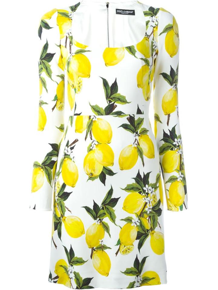 Dolce & Gabbana Lemon Print Dress, Women's, Size: 44, White, Viscose/spandex/elastane/silk