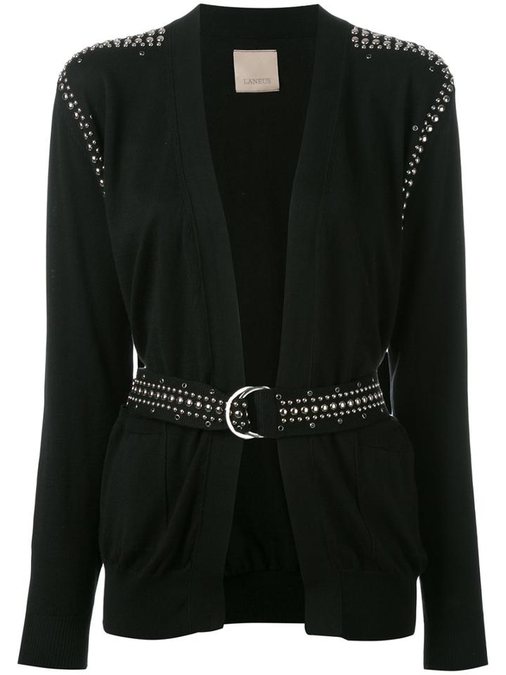 Laneus Studded Belted Cardigan, Women's, Size: 44, Black, Cotton/glass/aluminium