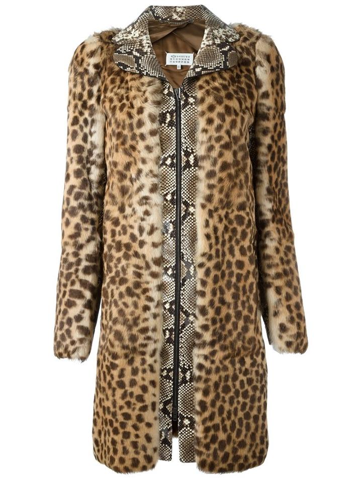 Maison Margiela Contrast Print Coat, Women's, Size: 40, Brown, Rabbit Fur/viscose/cotton/goat Skin