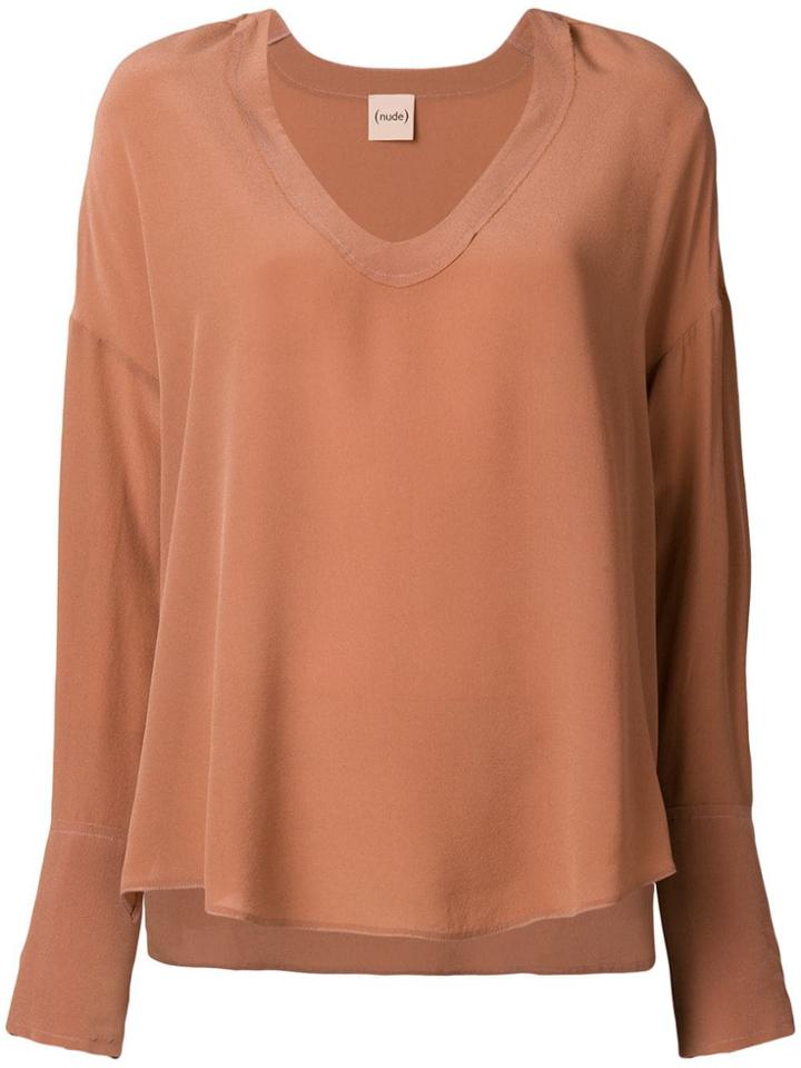 Nude Longsleeved V-neck Blouse - Nude & Neutrals
