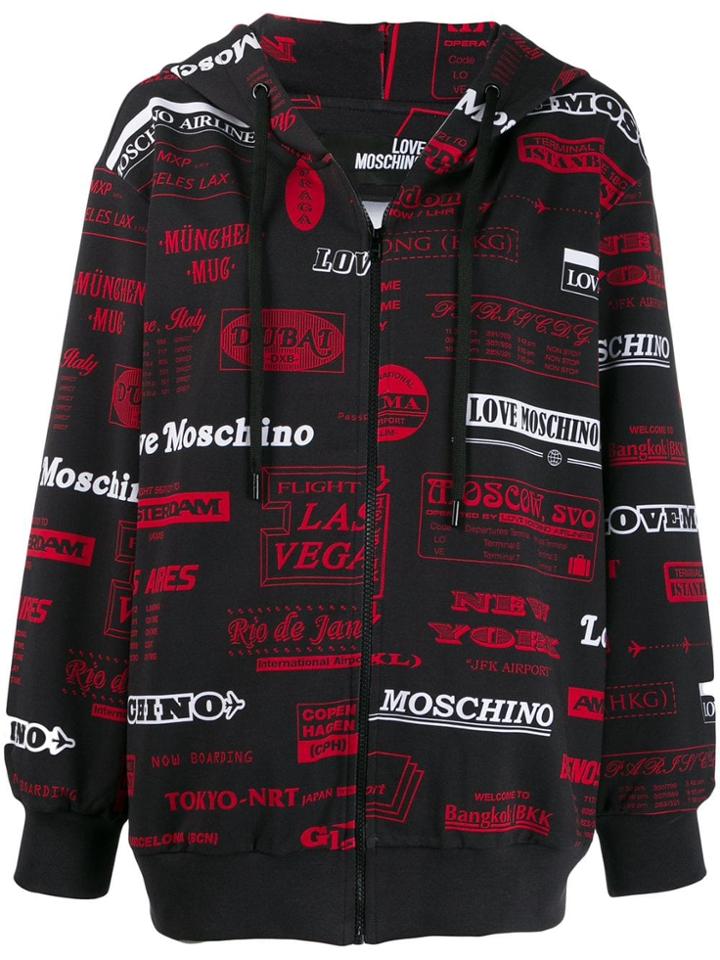 Love Moschino Zip Front Logo Print Hoodie - Black