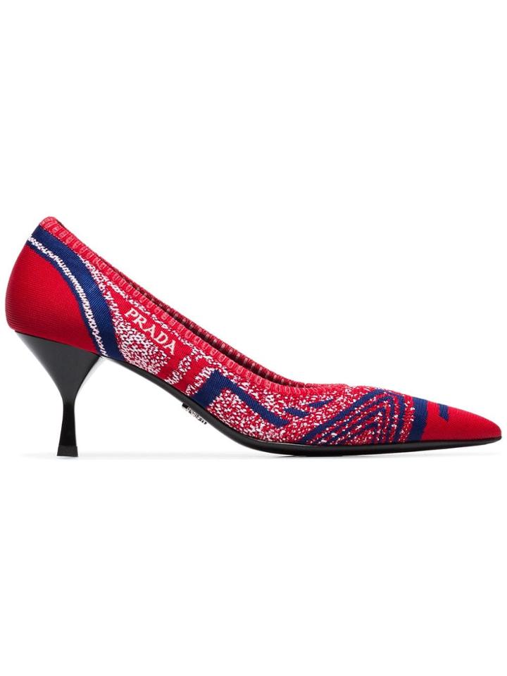 Prada Red 65 Stretch Knit Leather Pumps