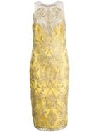 Marchesa Notte Embroidered Fitted Dress, Women's, Size: 4, Yellow/orange, Nylon