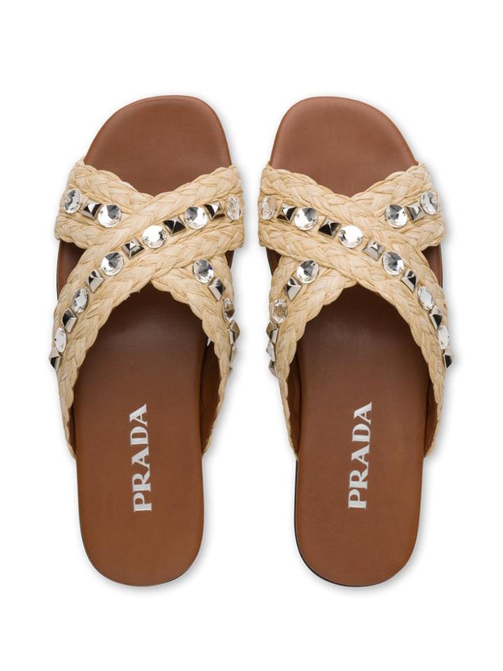 Prada Embellished Raffia Slides - Neutrals