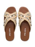 Prada Embellished Raffia Slides - Neutrals