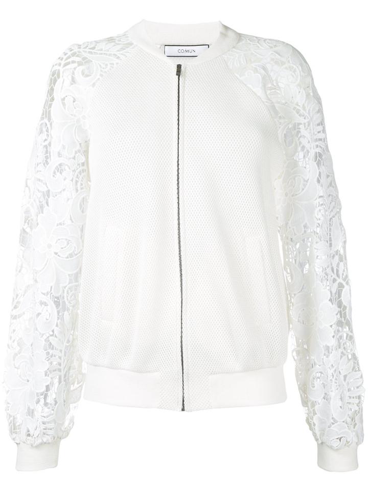 Co-mun - Lace Sleeve Bomber Jacket - Women - Cotton/polyester - 38, White, Cotton/polyester