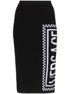 Versace High-waisted Logo Print Fitted Midi Skirt - Black