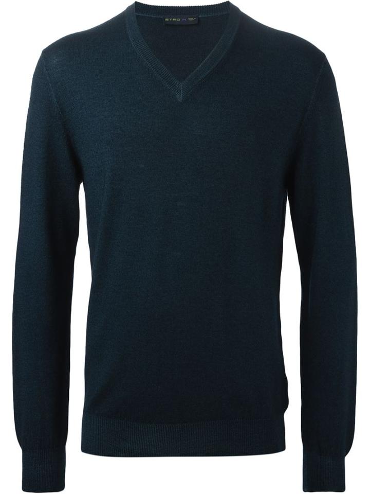 Etro V-neck Sweater, Men's, Size: Medium, Blue, Wool