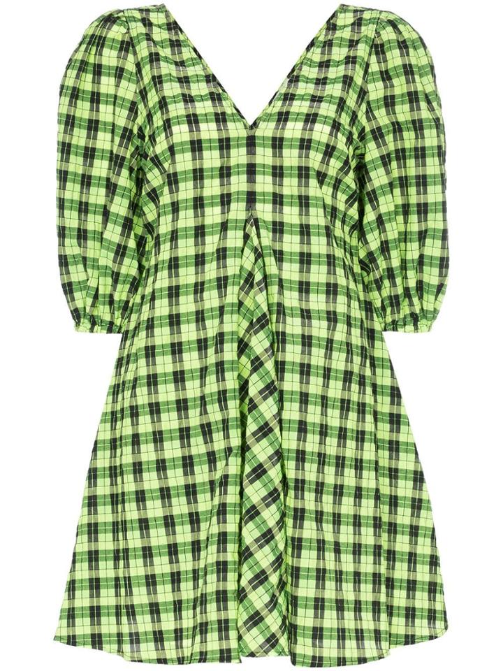 Ganni Check Puff-sleeve Dress - Black