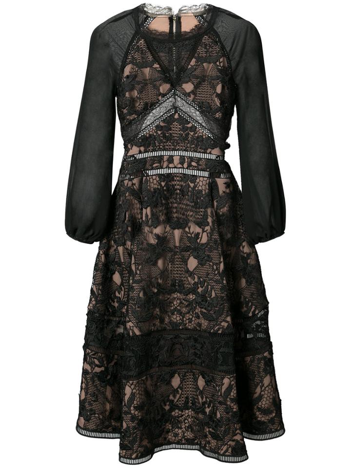 Marchesa Notte Sheer Sleeve Flared Dress - Black