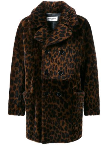 Saint Laurent Leopard Print Shearling Coat, Men's, Size: 48, Brown, Sheep Skin/shearling/leather