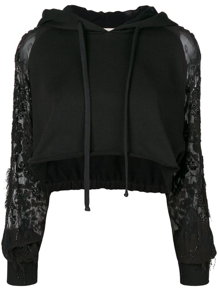 Amen Beaded Sheer-sleeve Cropped Sweatshirt - Black