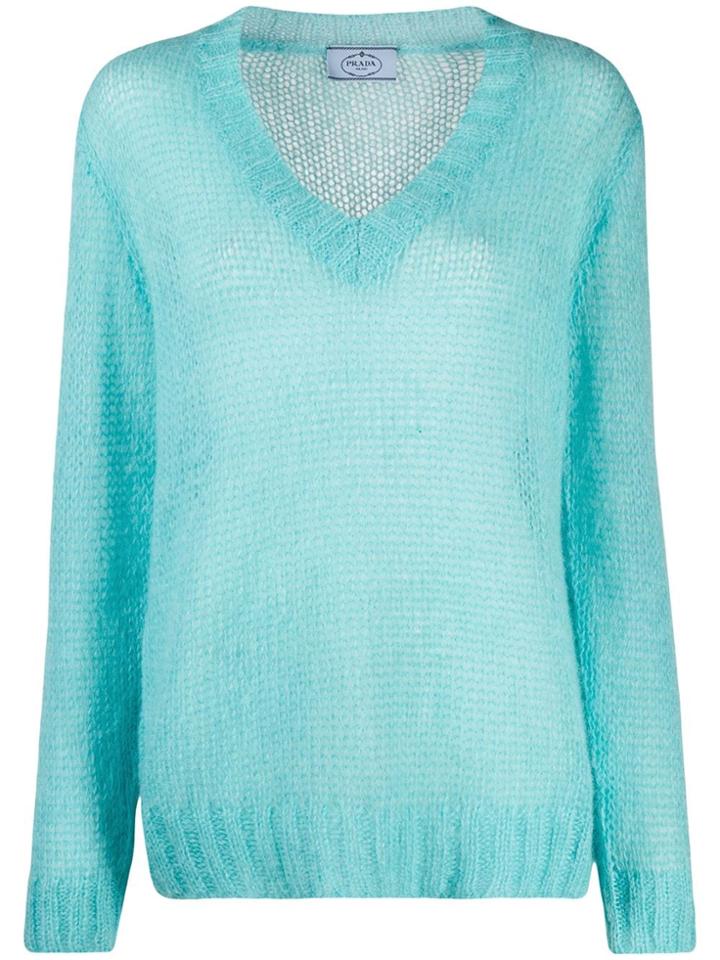 Prada V-neck Ribbed Knit Pullover - Blue