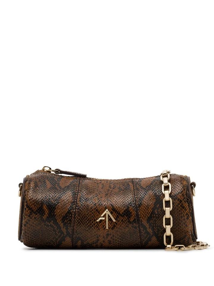 Manu Atelier Brown Snake Print Cylinder Leather Bag